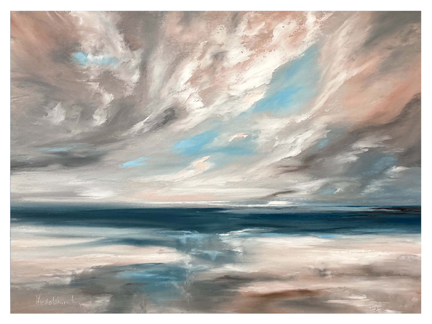 Tirage d’art signé – Nuages lumineux et reflets sur sable humide – Paysage de Bretagne à l’huile au couteau